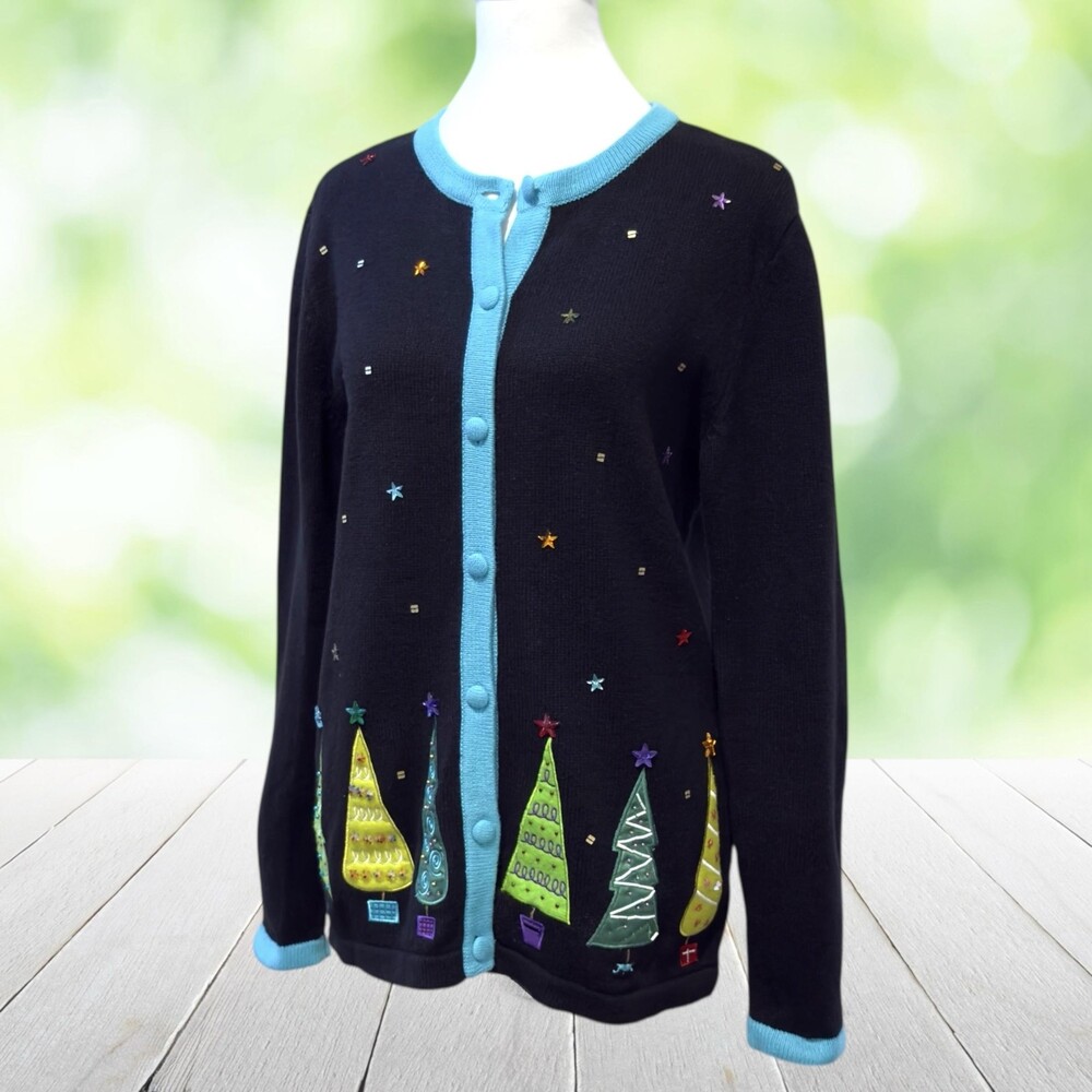 Vintage Embroidered Christmas Tree Cardigan Sweater Hand Beaded Applique Size S